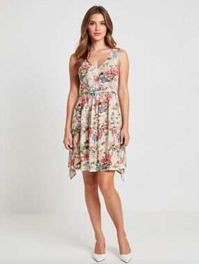 L🌸Sleeveless Floral V-Neck Midi Dress in White with Pink & Blue Flowers